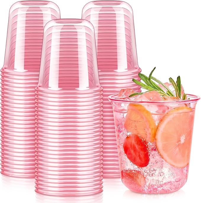 50 Pcs Pink Plastic Cups, 12oz Disposable Stemless Wine Glasses Pink Cocktail Party Cups for Graduation, Meeting, Wedding, Birthday Party