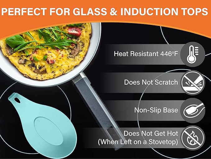 Silicone Spoon Rest for Stove Top Set of 2 – HEAT RESISTANT DISHWASHER SAFE Kitchen Utensil Holder for LARGE Utensils - Won’t Break - Non-Slip - Ideal for Glass & Induction Cooktops - for Home Cooks