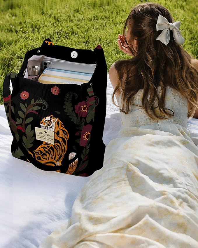 Miss Adola Corduroy Tote Bag for Women - Reusable Totes with Magnetic Buckle & Pocket Aesthetic Design Work Grocery Bags