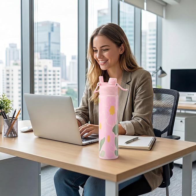 Fijinhom 24 oz Insulated Water Bottle, 2-in-1 Straw and Spout Lid Stainless Steel Thermos, Leak-Proof, Double Wall Vacuum Flask, Keep Cold 24H for Outdoor, Sports, Travel, School (Flower)