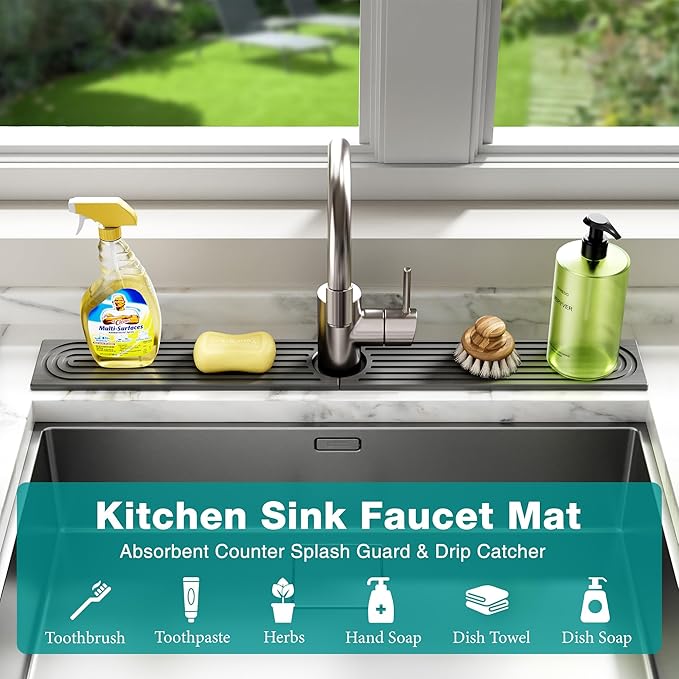 Stone Faucet Mat for Kitchen Sink - Quick Dry Diatomite Sink Splash Guard, Prevents Moisture Buildup & Water Stains, Water Absorbing Stone Tray for Bathroom Countertop (Dark Gray, 20" x 4")