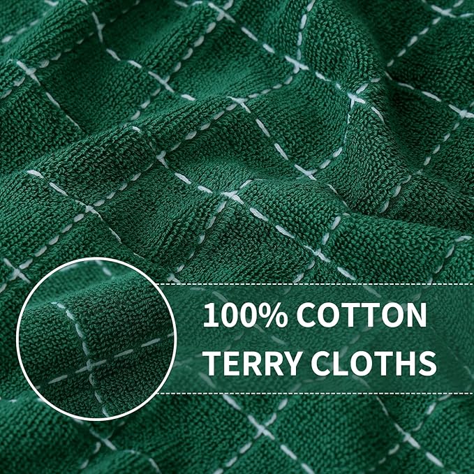 Homaxy 100% Cotton Terry Kitchen Towels(Dark Green, 13 x 28 inches), Checkered Designed, Soft and Super Absorbent Dish Towels, 5 Pack