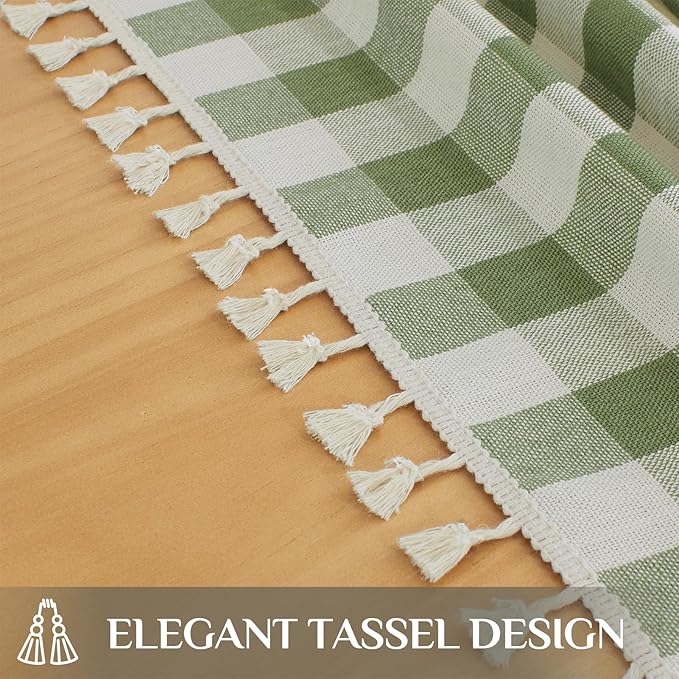 Softalker Outdoor Checkered Tablecloth 70 x 70 Inch Round, Spring Summer Linen Cotton Gingham Table Cloth with Tassel, Heavy Duty Wrinkle Free Buffalo Plaid Table Cover for Picnic Camping - Sage