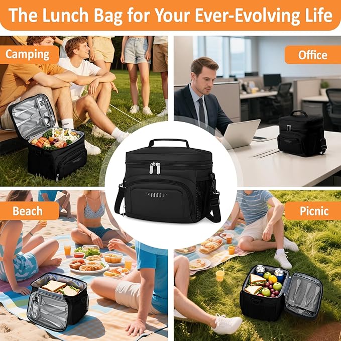 Vankor Large Insulated Lunch Bag for Men Women kids, Reusable Lunch Box kids Leakproof with Adjustable Shoulder Strap for Work Teacher School Picnic Beach Travel, Black