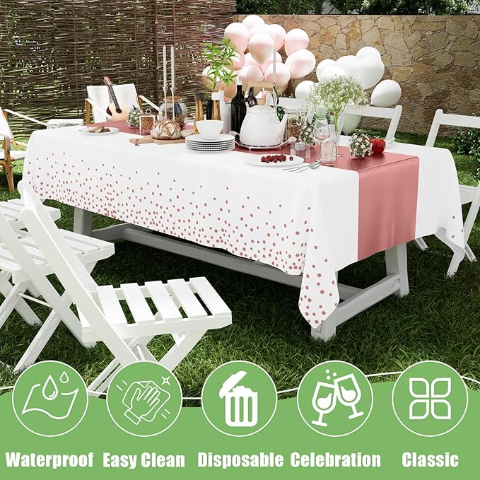 Smiry Plastic Table Cloth Disposable 3 Pack, 54 x 108 Inch Rectangle Waterproof Tablecloth, Printed Gold Table Runner Style for Birthday Weeding, Party, Sturdy & Leakproof, Rose Gold and White