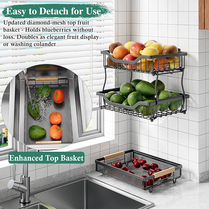 OKZEST 3-Tier Fruit Basket for Kitchen Counter, Wall Hanging Fruit Bowl and Kitchen Countertop Organizer with 2 Banana Hangers, Fruit Storage Stand for Storing Potato Onion Snack Bread Fruit Veggie