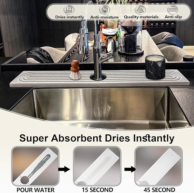 Faucet Mat For Kitchen Sink, 23.6"Diatomite Absorbent Faucet Mat, Sink Stone Quick Dry Around Faucet, Super Absorbent, Sink Splash Guard For Kitchen Counter (Light Gray)