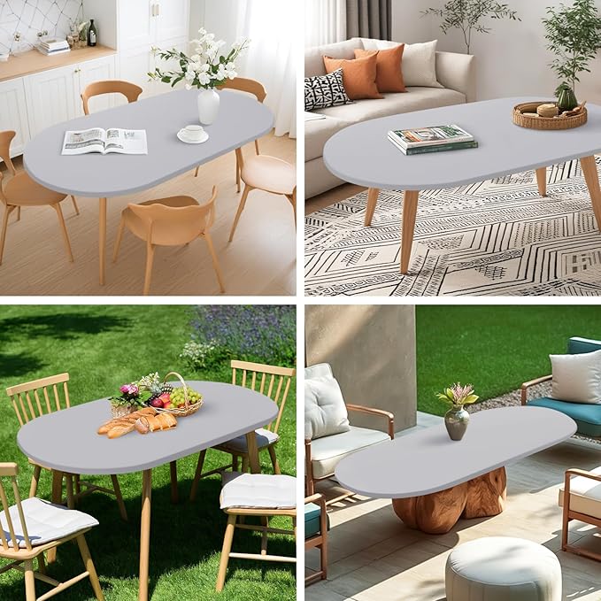NEWISHER Fitted Oval Tablecloth 48 x 68 Inch Elastic Table Cloth, Stretch Spandex Table Cover Silver Washable Polyester Top Cap Cover for Dining Picnic Camping Indoor and Outdoor