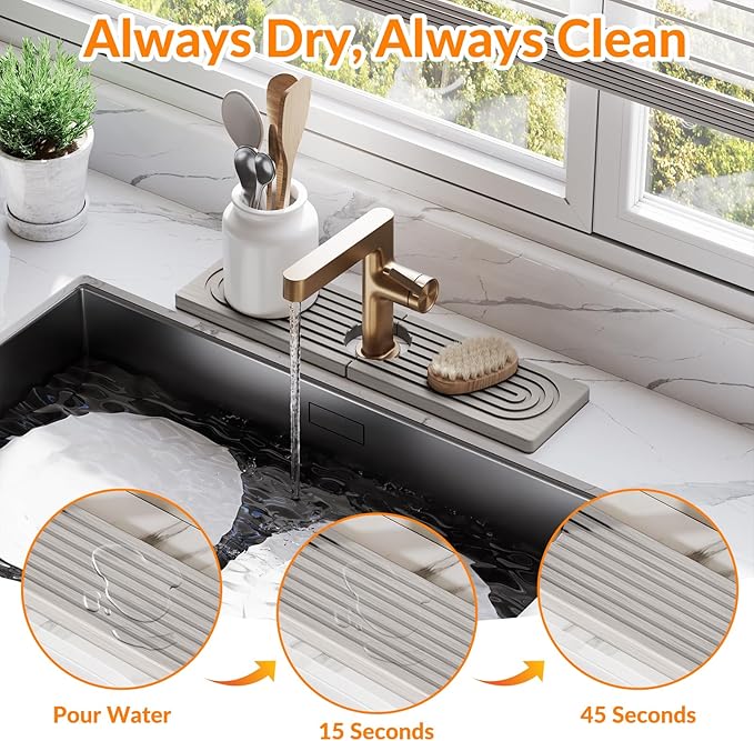 15.7 Inch Stone Faucet Mat for Kitchen Sink Splash Guard, Diatomite Sink Protectors for Kitchen Sinks Behind Faucet, Quick Dry Water Absorbing Stone Tray , Drip Catcher (White, 15.7" x 3.9")