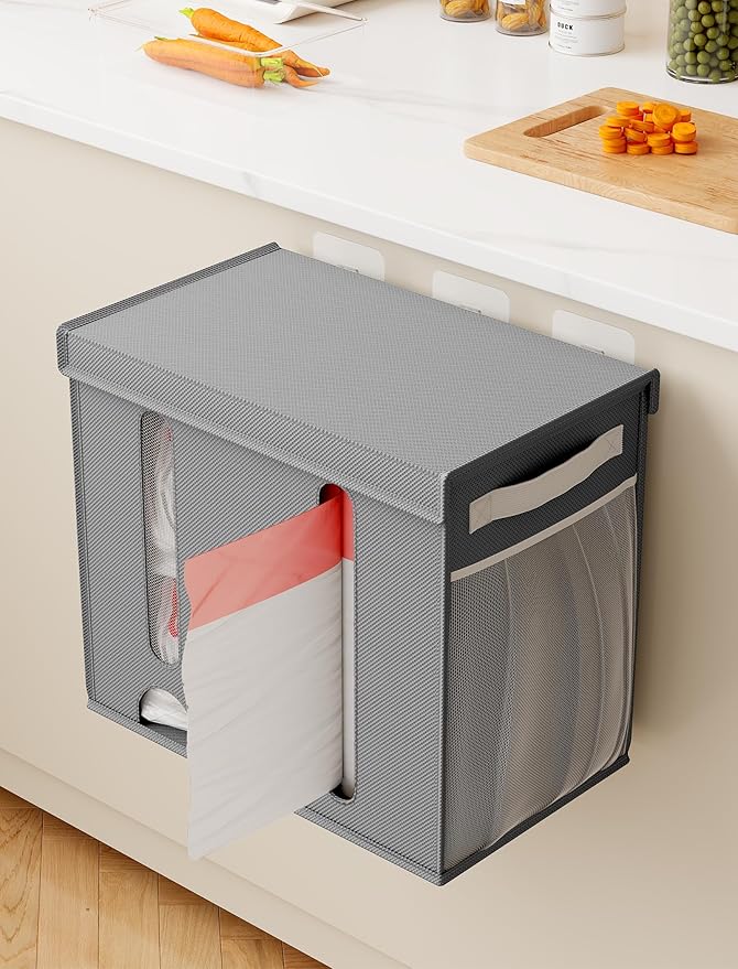 NiHome 2-in-1 Nonwoven Fabric Trash Bag Dispenser & Grocery Bag Holder, Large Adjustable Organizer for 4-33 Gallon Rolls, Wall-Mounted or Countertop Use, Multi-Purpose for Kitchen, Bathroom (Gray)