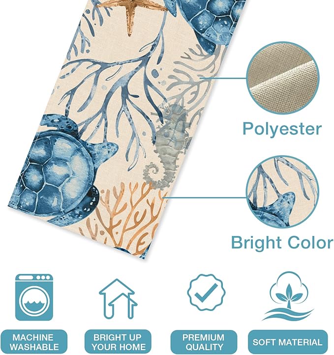 Seliem Summer Octopus Turtle Starfish Coral Coastal Table Runner, Under The Sea Home Kitchen Dining Teal Marine Life Decor, Ocean Creature Nautical Beach Decorations Indoor Outdoor Party Supply 13x60
