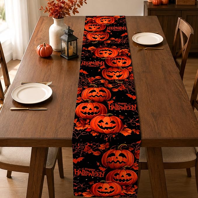 OHOME Halloween Decorations - Happy Halloween Pumpkin Table Runner | Halloween Party Favors Supplies Backdrop for Indoor Outdoor | Halloween Decor Tablecloth for Home Office Dining Kitchen
