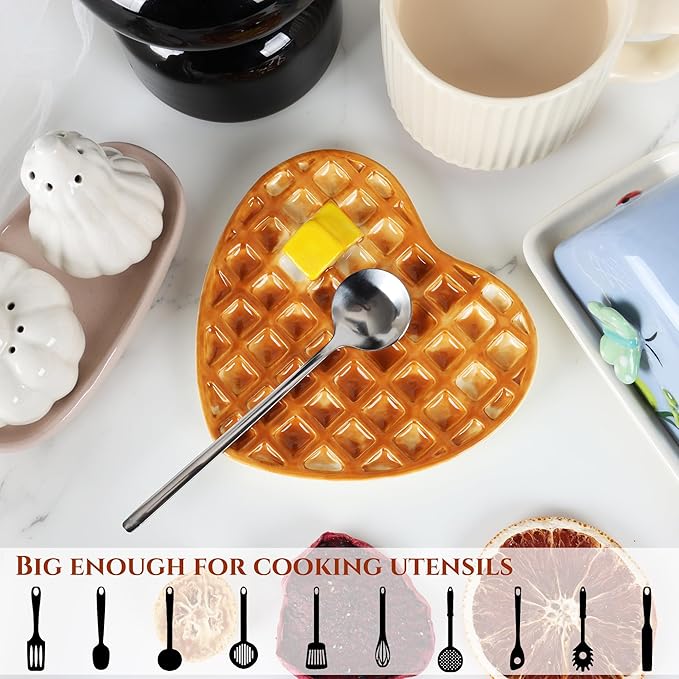 Waffle Spoon Rest for Stove Top, Cute Spoon Holder for Kitchen Counter Cooking Utensil Rest Ceramic Coffee Spoon Rest, Yellow Kitchen Counter Decor (Waffle Spoon Holder)