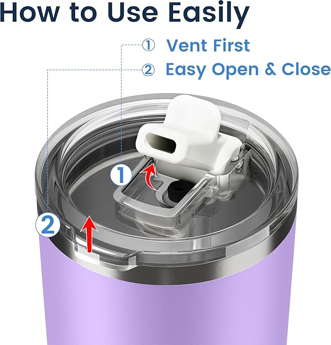 20oz Hygienic Insulated Tumbler — 100% Leakproof Lid with Removable Spout & Straw, Reinforced Vacuum-Protection Base, Cup Holder Friendly, for Iced Coffee, Smoothie/Water on the Go - Lilac