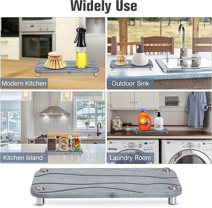 Foleto Home Sink Caddy 2pcs Dries Instantly Kitchen Sink Organizer Sponge Decor Riser with Stainless Steel Feet Modern Diatomaceous Earth Sink Tray for Soap Water Bottles