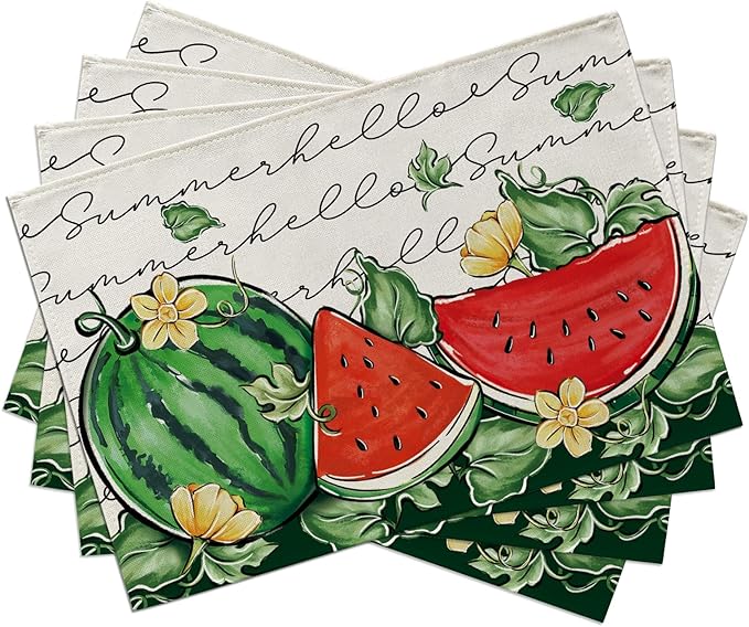 Seliem Hello Summer Watermelon Placemats Set of 4, Tropical Fruit Yellow Flower Dining Table Place Mats, Seasonal Kitchen Decor Home Decoration 12 x 18 Inches