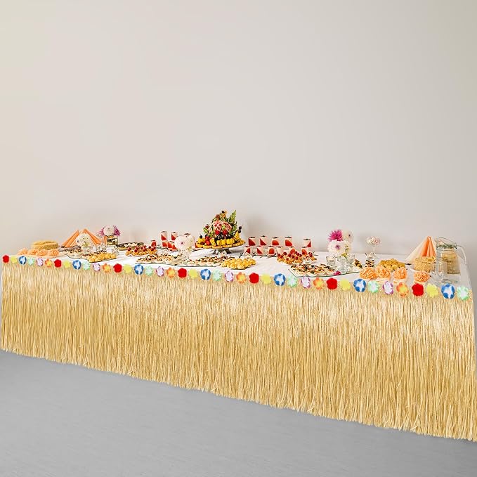 Hawaiian Table Skirt Decor, Gold Green Hawaiian Grass Table Skirt Party Decor, Luau 108 X 29.5" Flower Tropical Hula Dance Home Parties Supplies, Table Skirt Bulk for Summer Beach Themed Activities