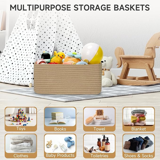 3-Pack Storage Baskets for Organizing | Woven Shelf Toy Basket | Rope Baskets for Gifts Empty | Closet Organizer Bins with Handles | Cube Decorative Box | 13.7×7.1×6.7” | Brown