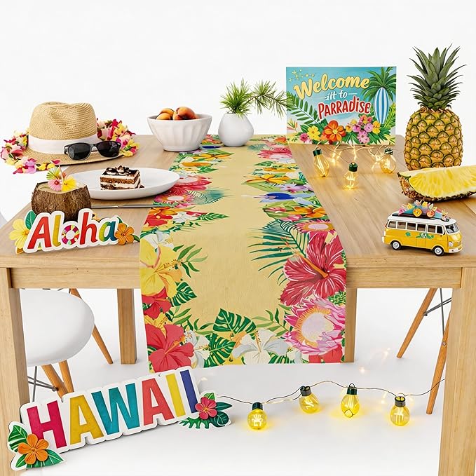 Luau Party Decorations - Hibiscus Palm Leaf Table Runner | Hawaiian Theme Party Decorations for Summer Beach Pool Birthday - Tropical Decor Party Favors Supplies for Home Kitchen Dining