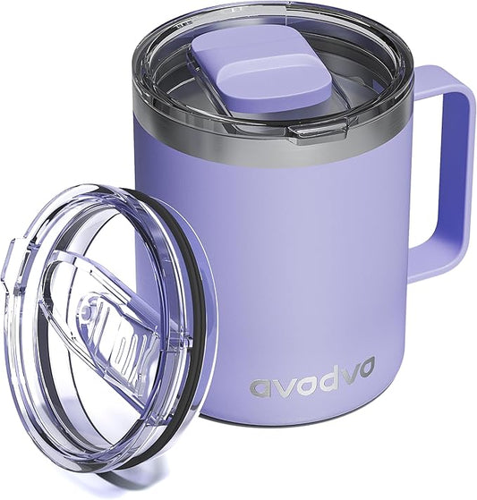 12oz Insulated Coffee Mug with Lid – Includes Two Lids, Stainless Steel Coffee Travel Mug with Handle, Double Wall Vacuum Insulated Camping Mug for Home, Office & Outdoor, Periwinkle Purple
