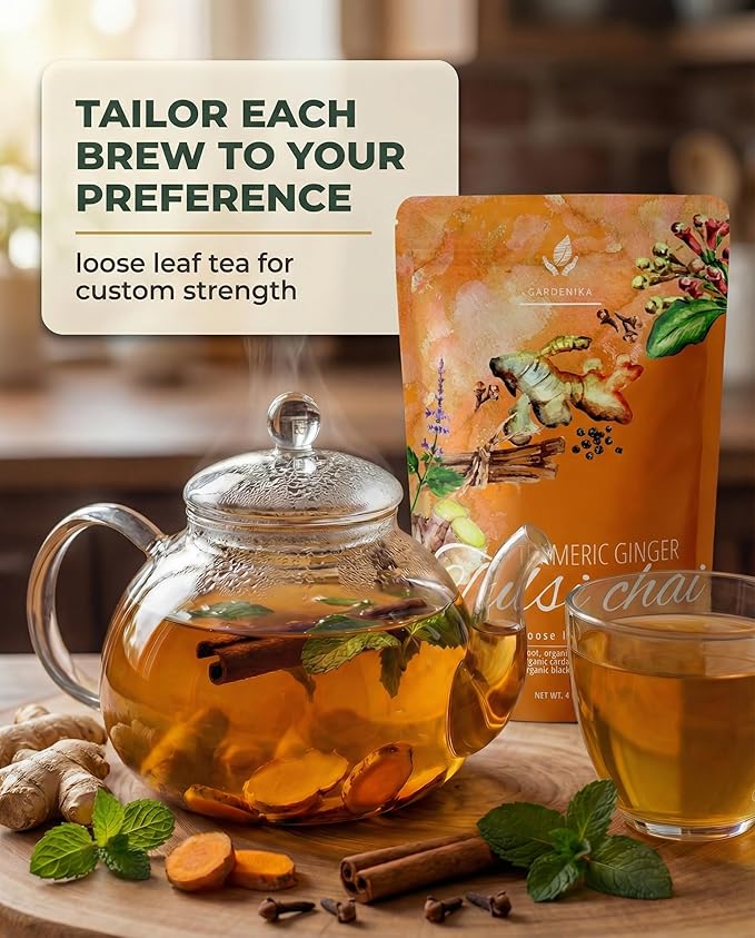 Organic Turmeric Ginger Tulsi Chai Tea | Loose Leaf | Ayurvedic Superfood Blend | Herbal and Caffeine-Free | 55+ Cups | KSA Kosher | 4 oz
