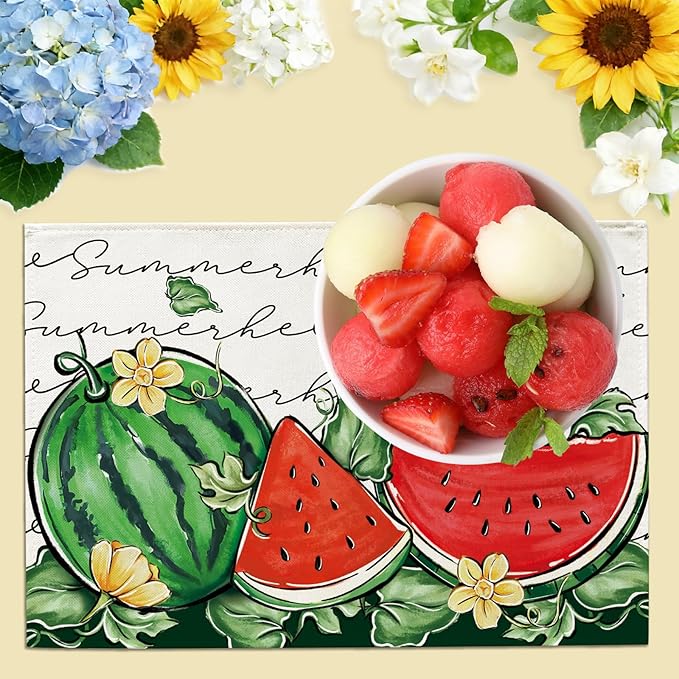 Seliem Hello Summer Watermelon Placemats Set of 4, Tropical Fruit Yellow Flower Dining Table Place Mats, Seasonal Kitchen Decor Home Decoration 12 x 18 Inches