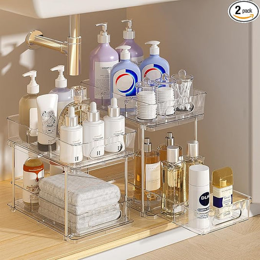 Delamu Under the Sink Organizer, 2-Tier Snap-Lock Cabinet Drawers with Removable Adjustable Shelf, Under Sink Cabinet Organizer for Bathroom, Kitchen, Vanity & Every Household