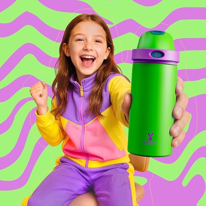 18 oz Kids Water Bottle for School: Meoky 18 oz Stainless Steel Insulated Water Bottle with 2-in-1 Straw and Spout Lid - Leak Proof, Cold for 24 Hours, BPA-Free for Teens Boys Girls, Power Green