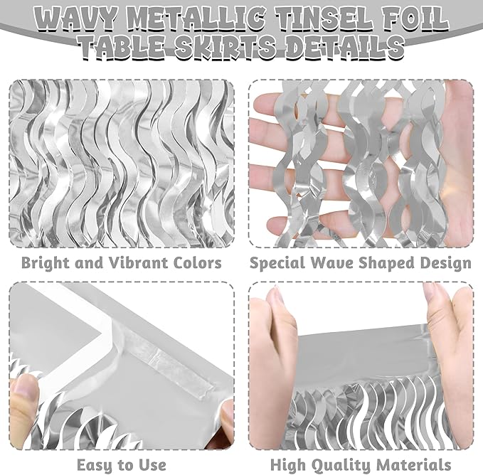 2 Pack Silver Desk Skirt, Metallic Grass Skirt for Table, Birthday Wavy Tinsel Foil Fringe Table Skirts, Foil Table Skirts for Christmas Wedding Birthday Indoor Party Celebrations Decor