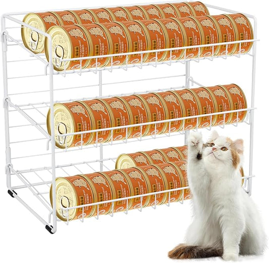 FMOACEN Cat Food Organizer, 3-Tier Stackable Iron Shelf for 45 Cans (3oz) - Pet Food Dispenser, Kitchen Pantry Storage Rack Cabinet, Canned Cat Organizer for Home & Shop
