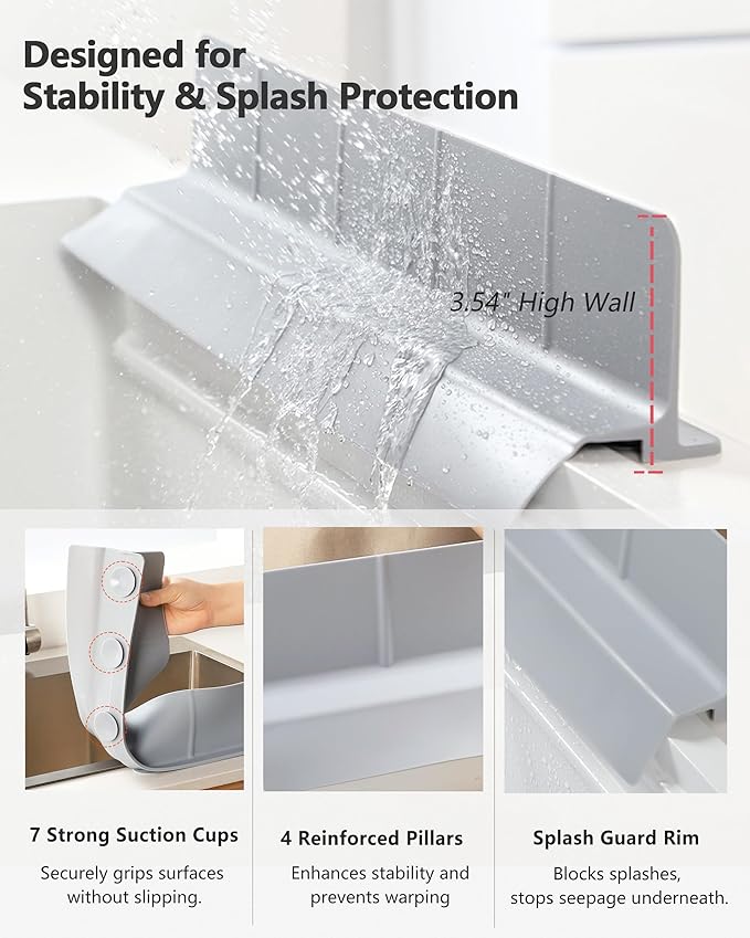 Kitchen Sink Splash Guard 18" Self-Draining Silicone Water Guard with High Splash Wall & Strong Suction Cups for Faucet, Countertop & Sink Edge, Keeps Sinks Dry, Dishwasher Safe, Gray