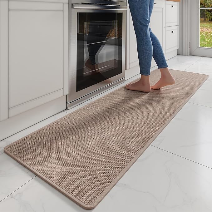 Kitchen Mats for Floor, Super Absorbent Kitchen Rugs Non Slip Washable, Soft Imitation Linen Braided Kitchen Runner Rug, Standing Mat Kitchens Sink Mat, Easy to Clean, Brown 17x71
