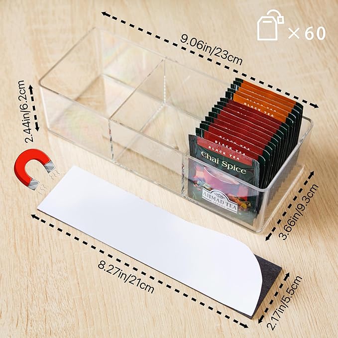 Magnetic Tea Bag Organizer Holds up to 60 Tea Bags, Tea Organizer with 3 Compartments, Extra Strong Magnetic Fridge Tea Box Strong Tea bag Holder for Refrigerator (Acrylic, Magnet)