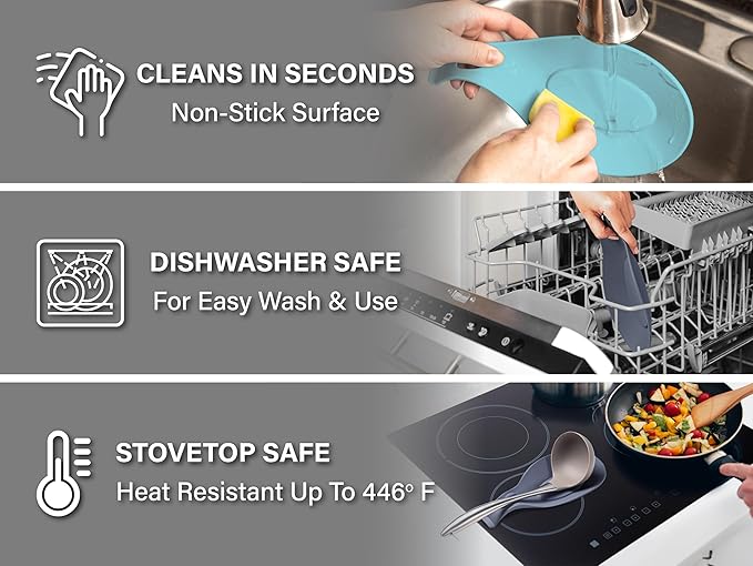 Silicone Spoon Rest for Stove Top Set of 3 – HEAT RESISTANT DISHWASHER SAFE Kitchen Utensil Holder for LARGE Utensils - Won’t Break - Non-Slip - Ideal for Glass & Induction Cooktops - for Home Cooks