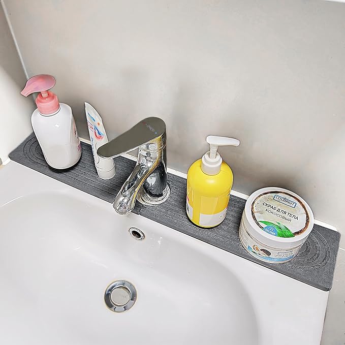 Stone Faucet Mat For Kitchen Sink with Raised Feet, 23.6" Long Diatomite Quick Drying Stone Sink Tray, Super Absorbent Kitchen Sink Splash Guard Sink Protectors for Kitchen Bathroom Counter