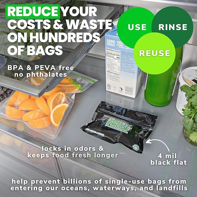 Smelly Proof Reusable Food Storage Bags, Reusable Sandwich Bags, Reusable Freezer Bags, Black 4-Mil Thick, Heavy Duty, US-Made Non-Silicone, BPA Free, No PEVA, 6” x 4”, 50-Pack