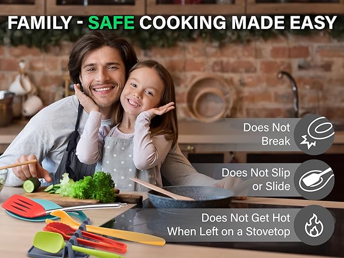 Silicone Spoon Rest for Stove Top Set of 3 – HEAT RESISTANT DISHWASHER SAFE Kitchen Utensil Holder for LARGE Utensils - Won’t Break - Non-Slip - Ideal for Glass & Induction Cooktops - for Home Cooks