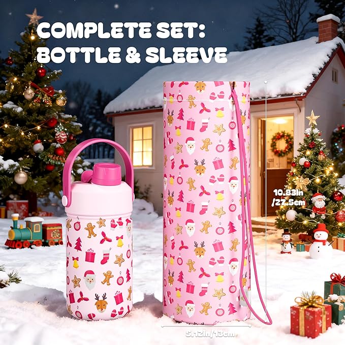 12 oz Christmas Kids Insulated Water Bottle: 2-in-1 Straw Spout Lid, Leakproof, BPA-Free, Stainless Steel Cup with Carrier Bag for School, Trip, Holiday Gift for Girls Daughters (Santa's Sweet Squad)