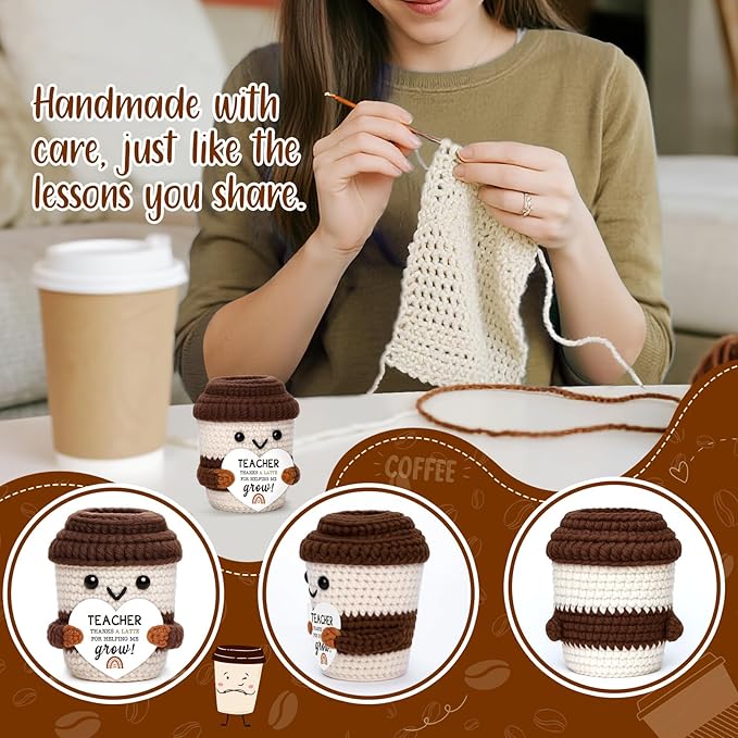 OCCdesign Mini Teacher Appreciation Gifts for Women Men Teachers Graduation Gift for Her Him Crochet Coffee Gifts for Birthday Retirement Thank You Gift Classroom Encouragement Handmade Coffee Cup