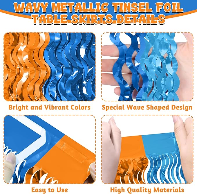 2 Pack Table Skirt, Blue Orange Grass Skirt for Table, Metallic Wavy Tinsel Foil Fringe Desk Skirts, Blue Orange Foil Table Skirt for Birthday Indoor Party Decorations