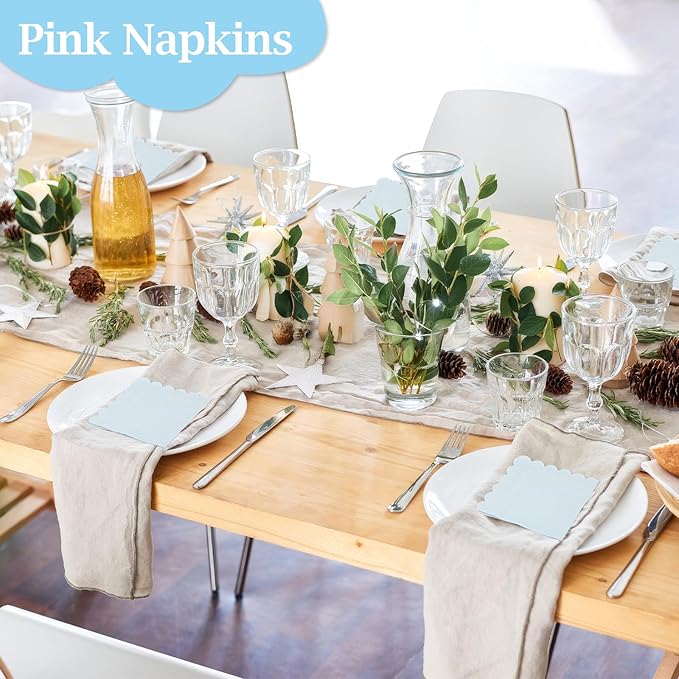 100 Pcs Cocktail Napkins, 2-Ply 5 x 5 Inches Disposable Scalloped Napkins, Thick Premium Dessert Napkins for Party, Wedding, Dinner, Birthday, Anniversary, Festival (Light Blue)