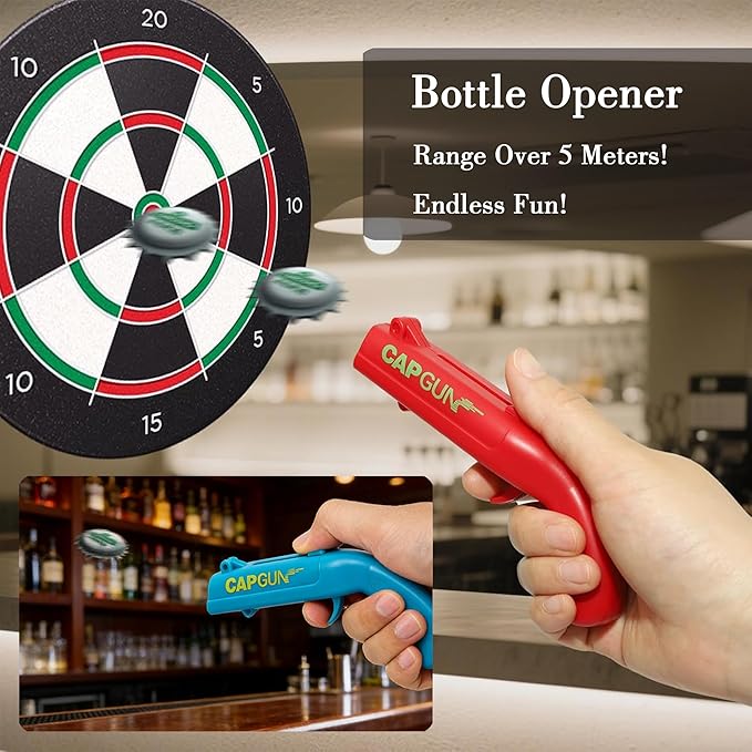 Bottle Opener with Cap Launcher – Funny Shooting Gun for Parties, BBQ, Tailgates – Unique Beer Cap Shooter Gadget for Men – Cool Gifts for Dad, Husband, Him on Birthday, Father's Day(Red+Blue)