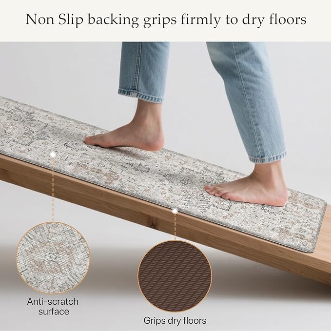 GENIMO Kitchen Mats for Floor 2PCs, Washable Anti Fatigue Mat for Cushioned, 17.3"x47"+17.3"x30", Waterproof Kitchen Rugs, Non Slip Comfort Standing Mat Rug for Home, Sink, Laundry, LightTaupeBrown