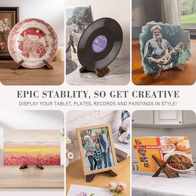 Plate Stand for Display - 3 Pack 4.5 Inch Holder, Wooden Picture Frame Easel, Decorative Table Top Brown