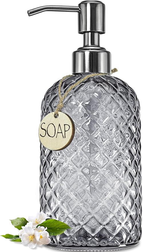 JASAI 18Oz Gray Glass Soap Dispenser with Rust Proof Pump, Refillable Kitchen soap Dispenser for Dish Soap, Bathroom Soap Dispenser for Dispense Hand soap, Lotion.