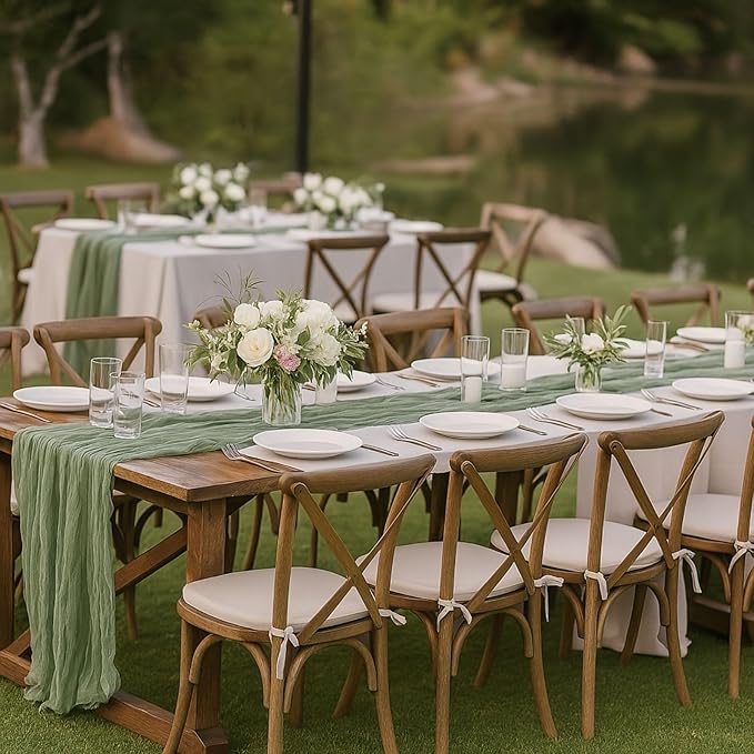 6 Pack Sage Green 10FT Cheesecloth Table Runners –120 Inch Rustic Gauze Bulk Set for Wedding Reception, Woodland Baby Shower, Garden Party, or Boho Spring Event Decor