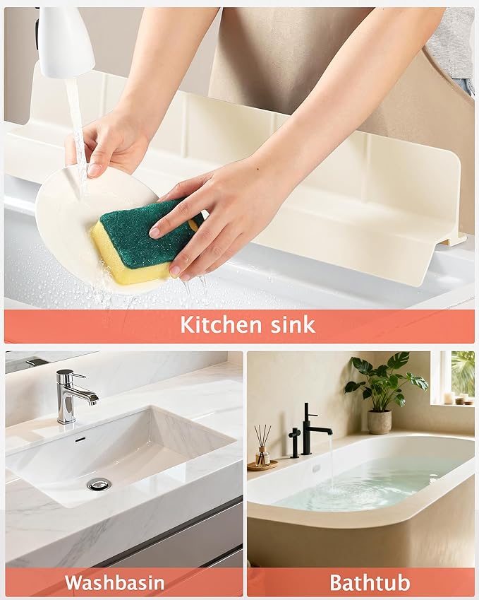Kitchen Sink Splash Guard 18" Self-Draining Silicone Water Guard with High Splash Wall & Strong Suction Cups for Faucet, Countertop & Sink Edge, Keeps Sinks Dry, Dishwasher Safe,Cream