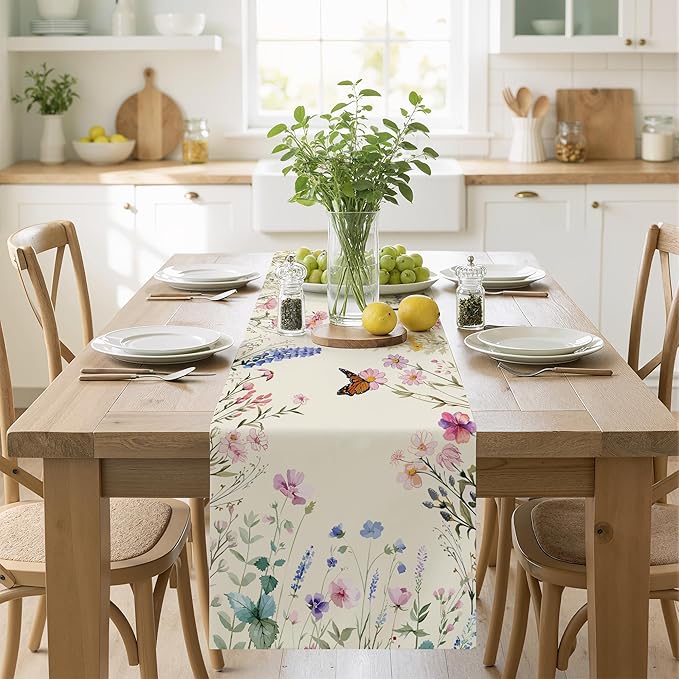 OHOME Summer Decorations - Daisy Eucalyptus Lavender Floral Leaves Summer Table Runner - Spring Decorations for Home Indoor Outdoor | Summer Tablecloth Party Favors Supplies for Table Decor Banner