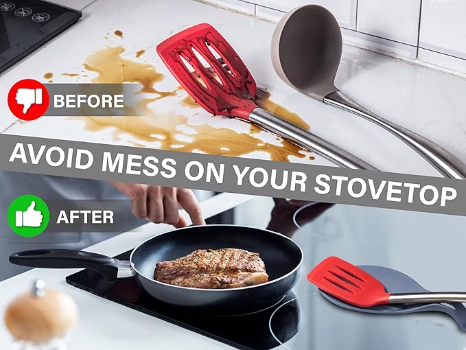 Silicone Spoon Rest for Stove Top Set of 3 – HEAT RESISTANT DISHWASHER SAFE Kitchen Utensil Holder for LARGE Utensils - Won’t Break - Non-Slip - Ideal for Glass & Induction Cooktops - for Home Cooks