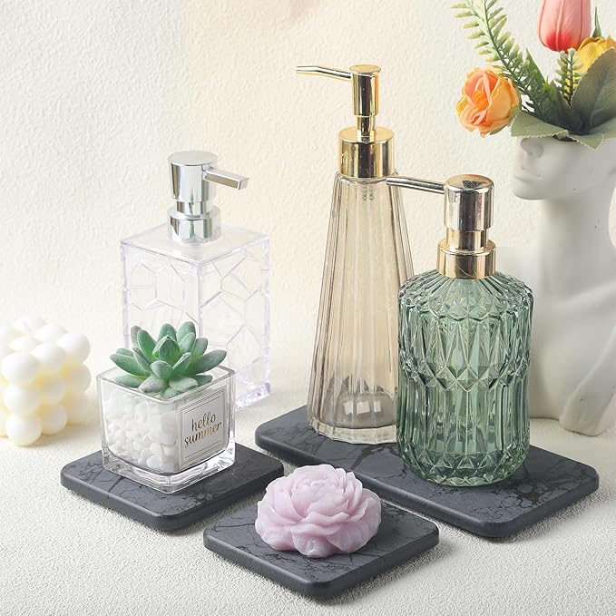 Small Stone Drying Mat & Coasters Set, 3PCS Water Absorbent Diatomite Tray for Kitchen Sink, Bathroom Countertop, Fast Absorbing Stone Holder for Soap, Plants, Toiletries(Marble Grey)